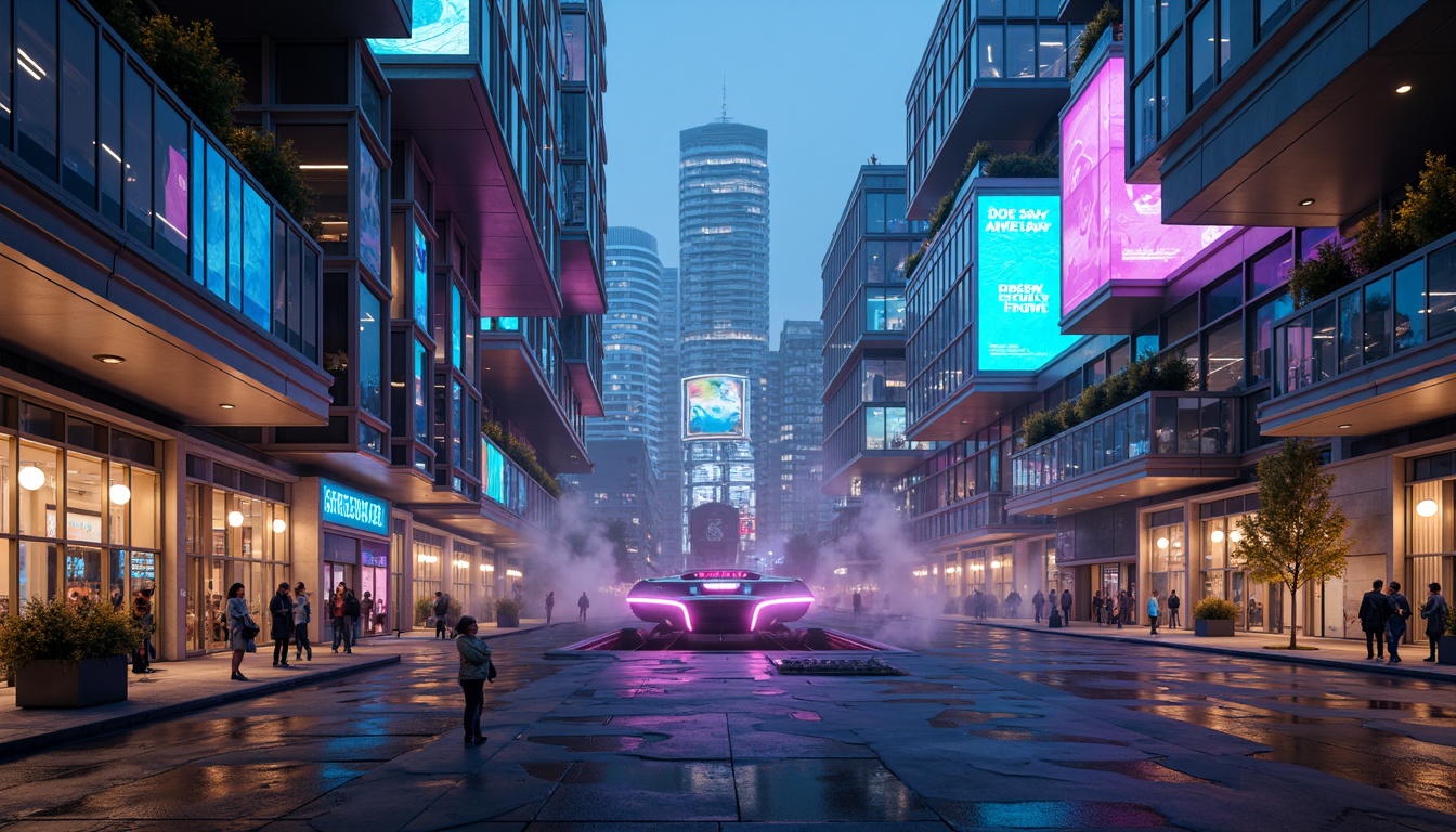 Prompt: Neon-lit skyscrapers, metallic silver accents, iridescent glass facades, holographic advertisements, cyberpunk cityscape, vibrant electric blue hues, neon green highlights, deep purple tones, rose gold details, sleek chrome lines, geometric patterns, futuristic urban landscape, high-tech infrastructure, levitating transportation pods, atmospheric mist, soft glowing ambiance, shallow depth of field, 1/1 composition, cinematic lighting, realistic reflections.