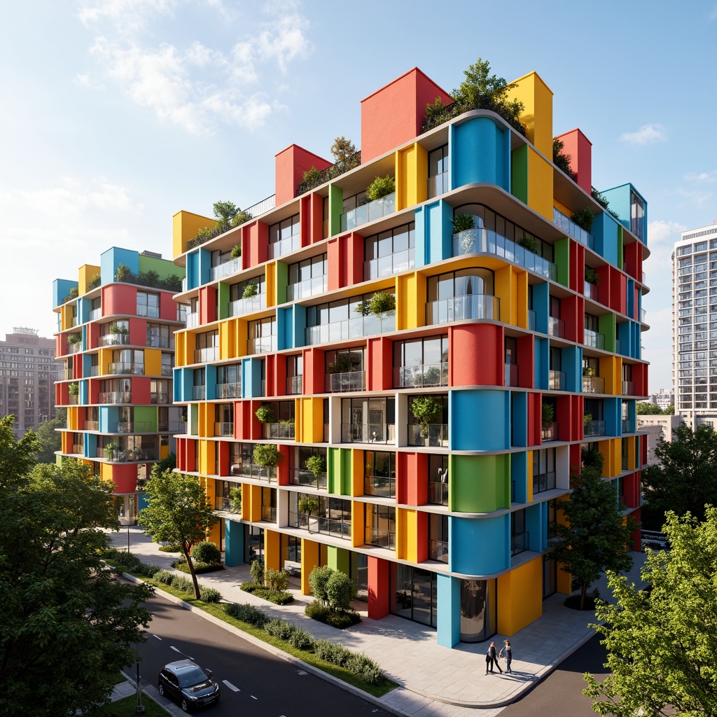 Prompt: Vibrant social housing complex, modern facade design, bold color schemes, geometric patterns, angular balconies, cantilevered roofs, sustainable materials, green walls, vertical gardens, urban landscape, bustling city life, warm sunny day, soft natural lighting, shallow depth of field, 3/4 composition, panoramic view, realistic textures, ambient occlusion.