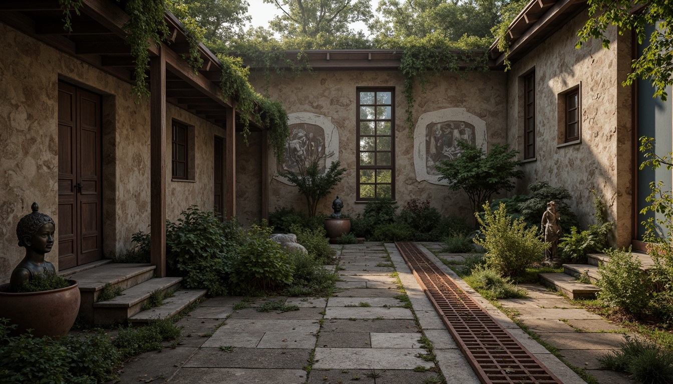 Prompt: Rough stone walls, weathered wooden planks, rusty metal grates, worn concrete floors, peeling paint, faded murals, distressed brick facades, aged copper accents, moss-covered statues, overgrown gardens, misty atmospheric effects, soft warm lighting, shallow depth of field, 3/4 composition, realistic textures, ambient occlusion.