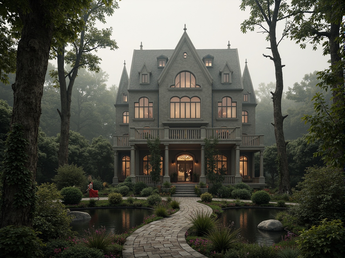 Prompt: Majestic villa, Gothic architectural style, grandiose entrance gates, ornate stone carvings, mystical forest surroundings, twisted tree branches, misty atmosphere, soft warm lighting, shallow depth of field, 3/4 composition, panoramic view, realistic textures, ambient occlusion, lush greenery, vibrant flowers, winding stone pathways, serene water features, rustic wooden bridges, mysterious fog effects, dramatic cloud formations, intricate stonework patterns, ornate metal decorations.