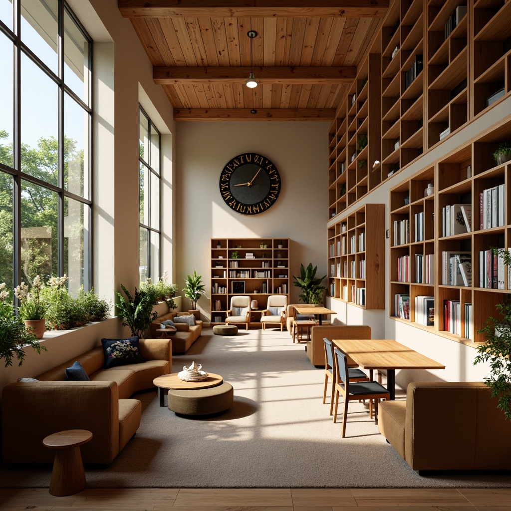 Prompt: Cozy reading nooks, comfortable seating areas, warm wooden shelves, soft carpeting, calming color schemes, natural light pouring in, floor-to-ceiling windows, minimalist decor, modern furniture designs, ergonomic chairs, ample table space, quiet atmosphere, peaceful ambiance, subtle scent of old books, warm lighting fixtures, 1/1 composition, shallow depth of field, realistic textures, ambient occlusion.