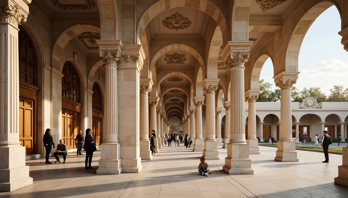 Prompt: Ornate columns, carved stone capitals, grand archways, symmetrical facades, ornamental moldings, intricate carvings, classical pediments, rusticated bases, fluted pilasters, egg-and-dart motifs, acanthus leaf patterns, subtle color palette, warm beige tones, soft golden lighting, shallow depth of field, 1/1 composition, realistic textures, ambient occlusion.