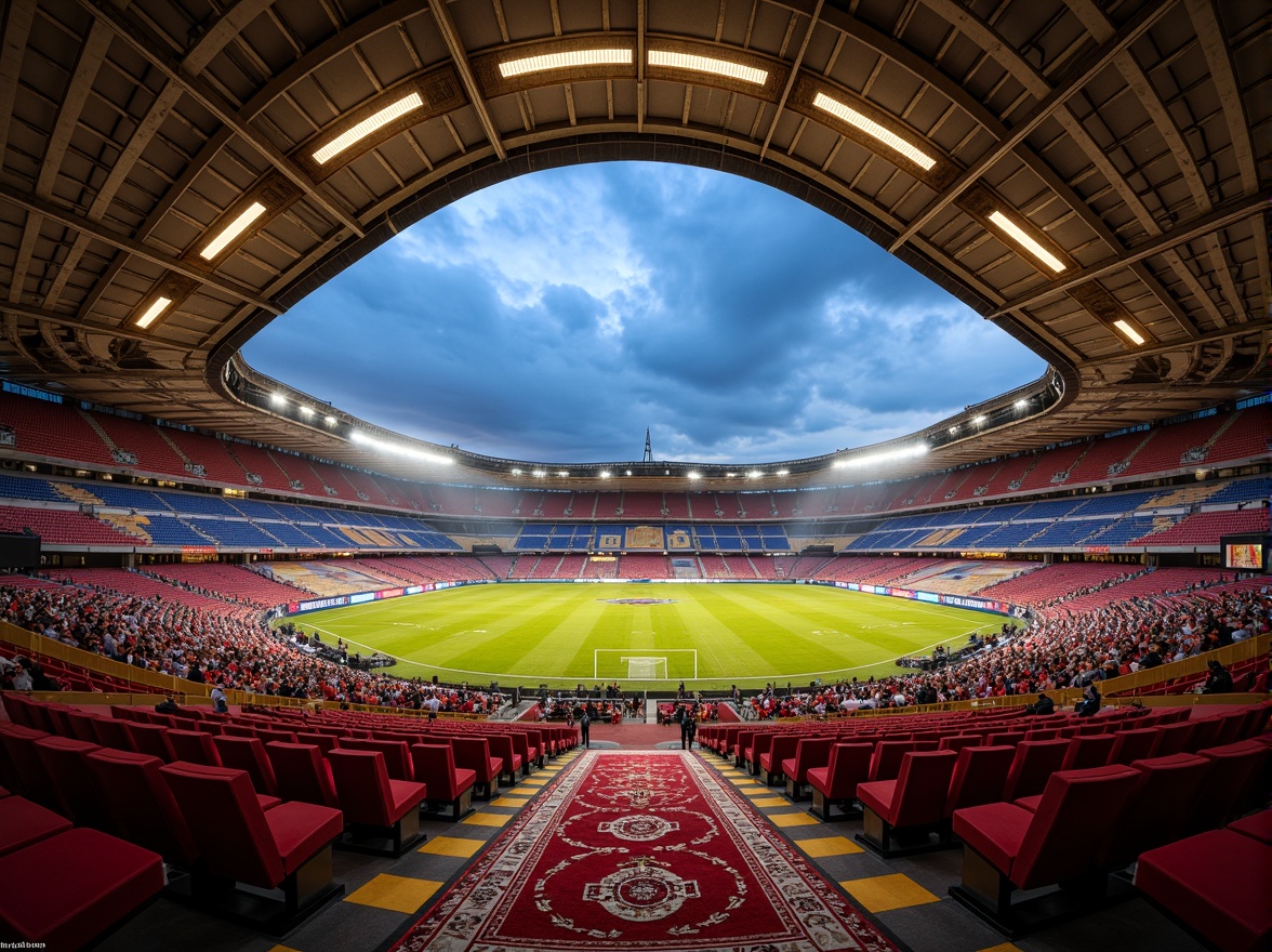 Prompt: Luxurious football stadium, Romanesque architecture, ornate stone carvings, grandiose archways, vibrant team colors, plush velvet seats, intricate patterned rugs, richly textured upholstery, metallic accents, dramatic spotlights, warm ambient lighting, 1/1 composition, shallow depth of field, realistic fabric simulations, detailed stitching, soft focus blur, atmospheric misting effects.