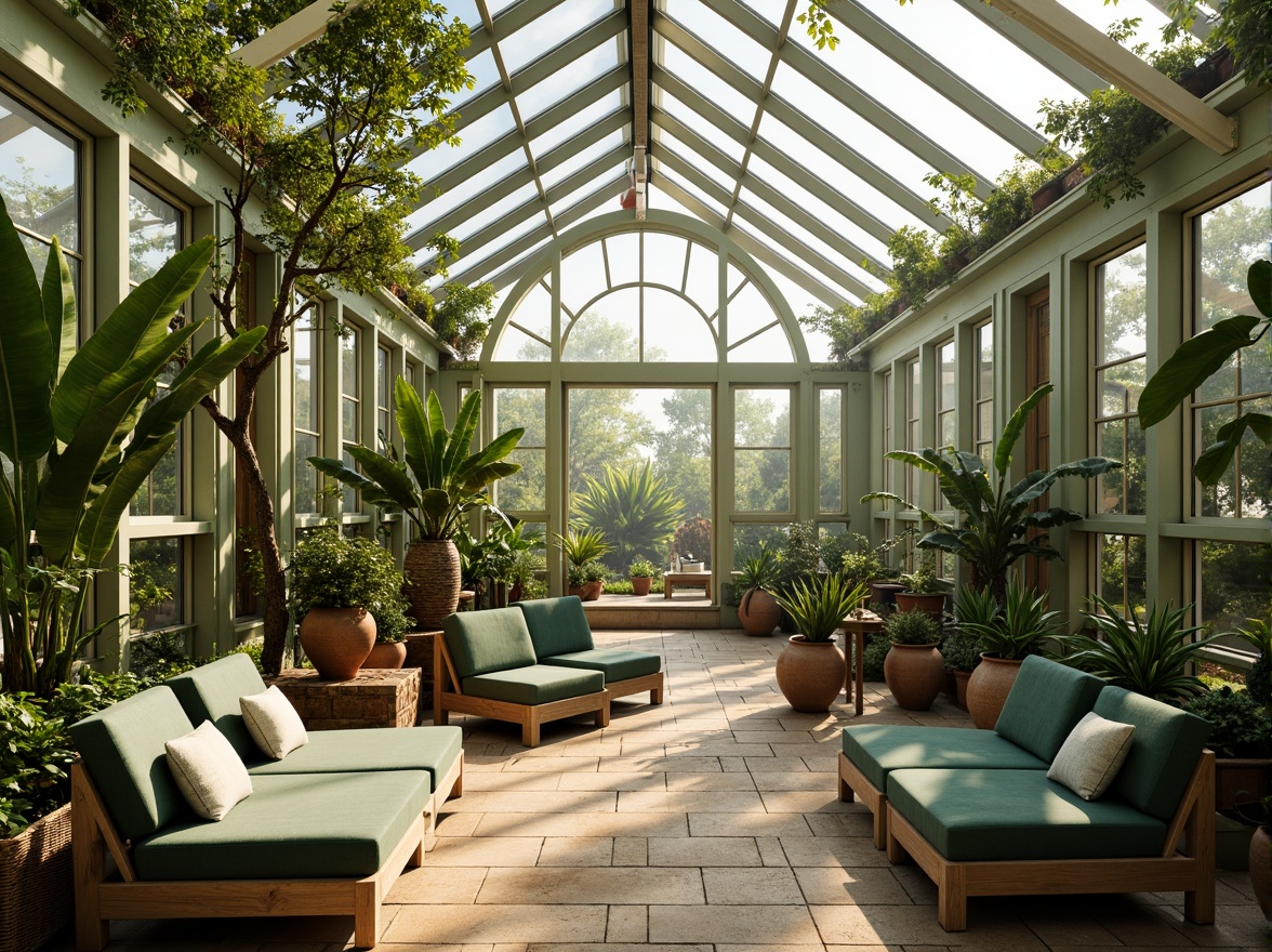 Prompt: Vibrant botanical greenhouse, lush tropical plants, warm natural light, misty atmosphere, earthy terracotta pots, reclaimed wood accents, soft sage green walls, creamy white trim, rustic metal frames, delicate glass roofs, dappled shade, warm beige stone floors, cozy reading nooks, plush green velvet sofas, natural linen textiles, woven rattan furniture, airy open spaces, refreshing morning light, gentle misting system, 1/1 composition, soft focus, realistic plant textures.