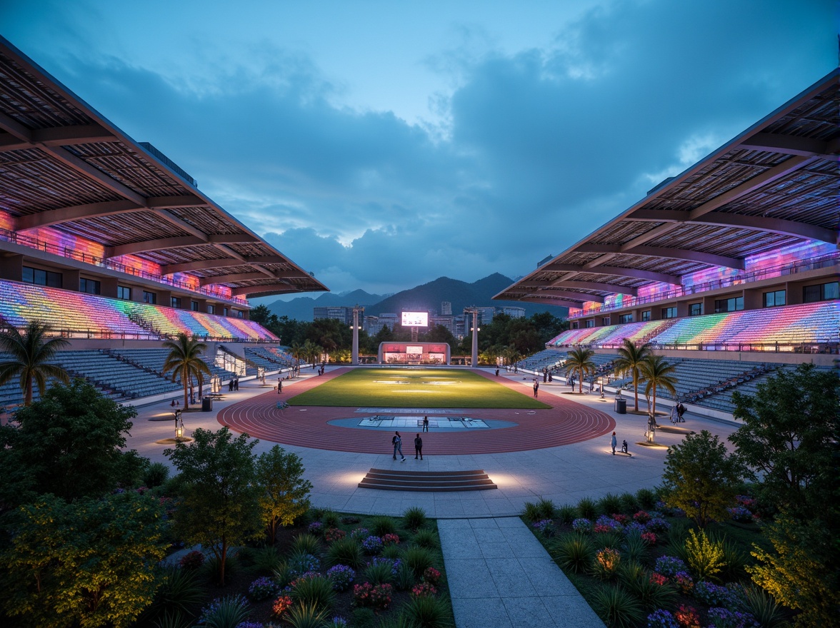 Prompt: Futuristic sports complex, undulating terrain, neon-lit athletic tracks, sleek metallic bleachers, holographic scoreboards, iridescent stadium roofs, glowing accents, vibrant LED lighting, misty atmospheric effects, shallow depth of field, 3/4 composition, panoramic view, realistic textures, ambient occlusion, lush greenery, tropical plants, palm trees, sandy pathways, winding water features, futuristic sculptures, abstract geometric patterns, dynamic kinetic architecture, wind-swept curves, aerodynamic lines.