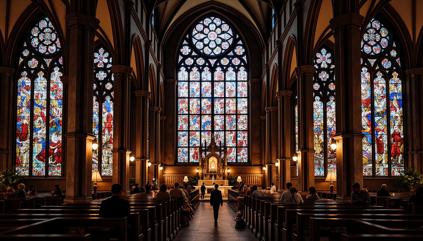 Prompt: Vibrant stained glass windows, intricate ornate designs, kaleidoscope colors, Gothic architecture, grand cathedrals, majestic churches, ornate facades, delicate tracery, luminous lighting, warm ambient glow, soft diffused shadows, 1/1 composition, symmetrical framing, realistic textures, subtle reflections.