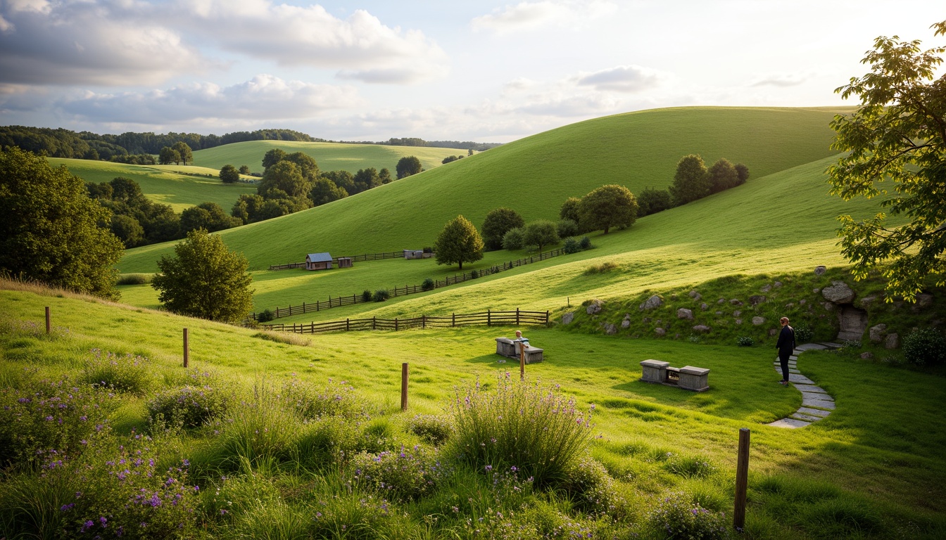 Prompt: Rolling hills, lush green grass, wildflowers, meandering pathways, rustic wooden fences, natural stone benches, serene atmosphere, warm sunlight, soft breeze, shallow depth of field, 3/4 composition, panoramic view, realistic textures, ambient occlusion, gentle slopes, scattered trees, native plant species, eco-friendly maintenance, sustainable irrigation systems, minimalist design, organic shapes, earthy color palette.