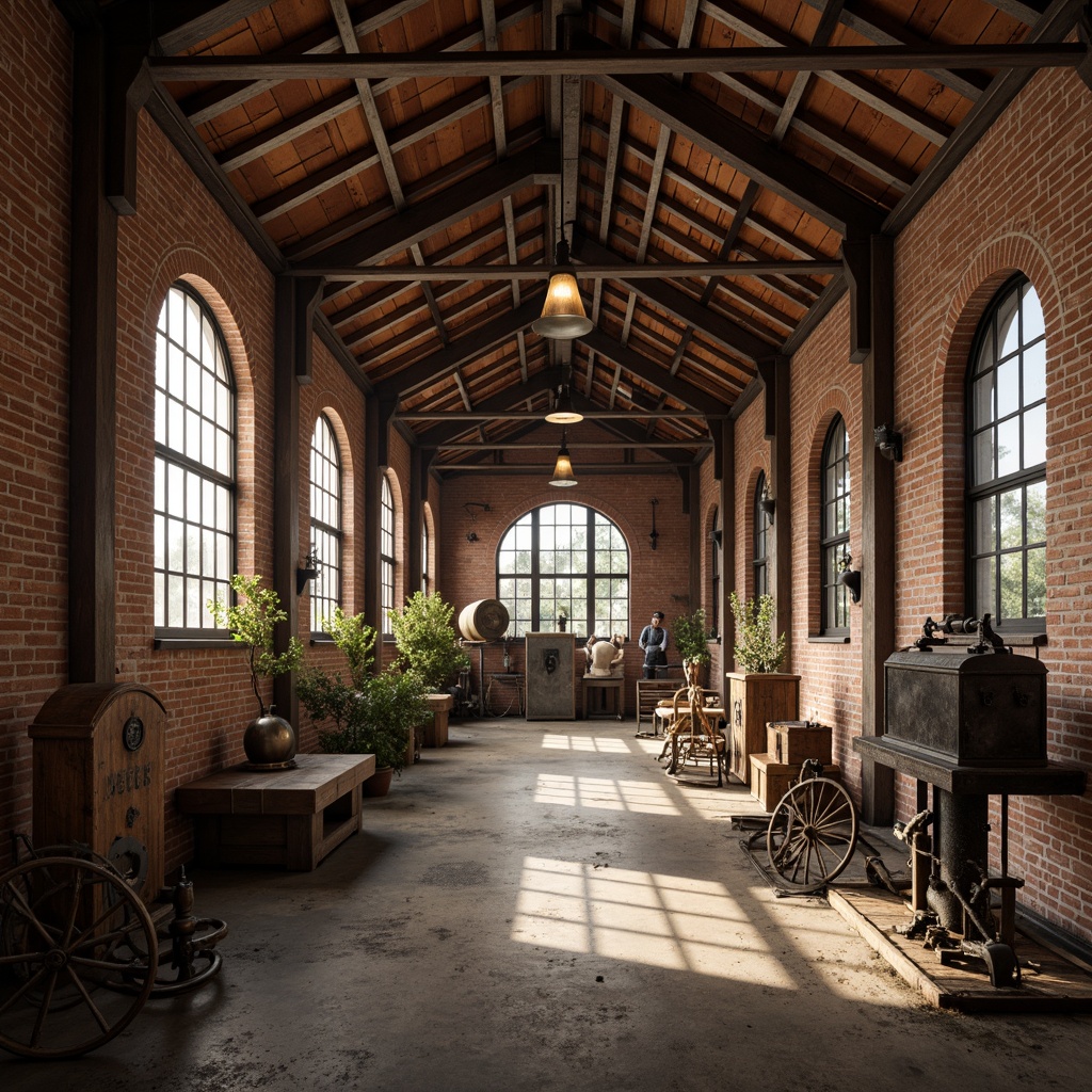 Prompt: Rustic warehouse interior, exposed brick walls, vaulted ceilings, Romanesque arches, industrial metal beams, reclaimed wood accents, earthy color palette, warm soft lighting, shallow depth of field, 1/1 composition, realistic textures, ambient occlusion, atmospheric mist, dramatic shadows, ornate ironwork details, distressed stone surfaces, vintage machinery displays, eclectic decorative artifacts.