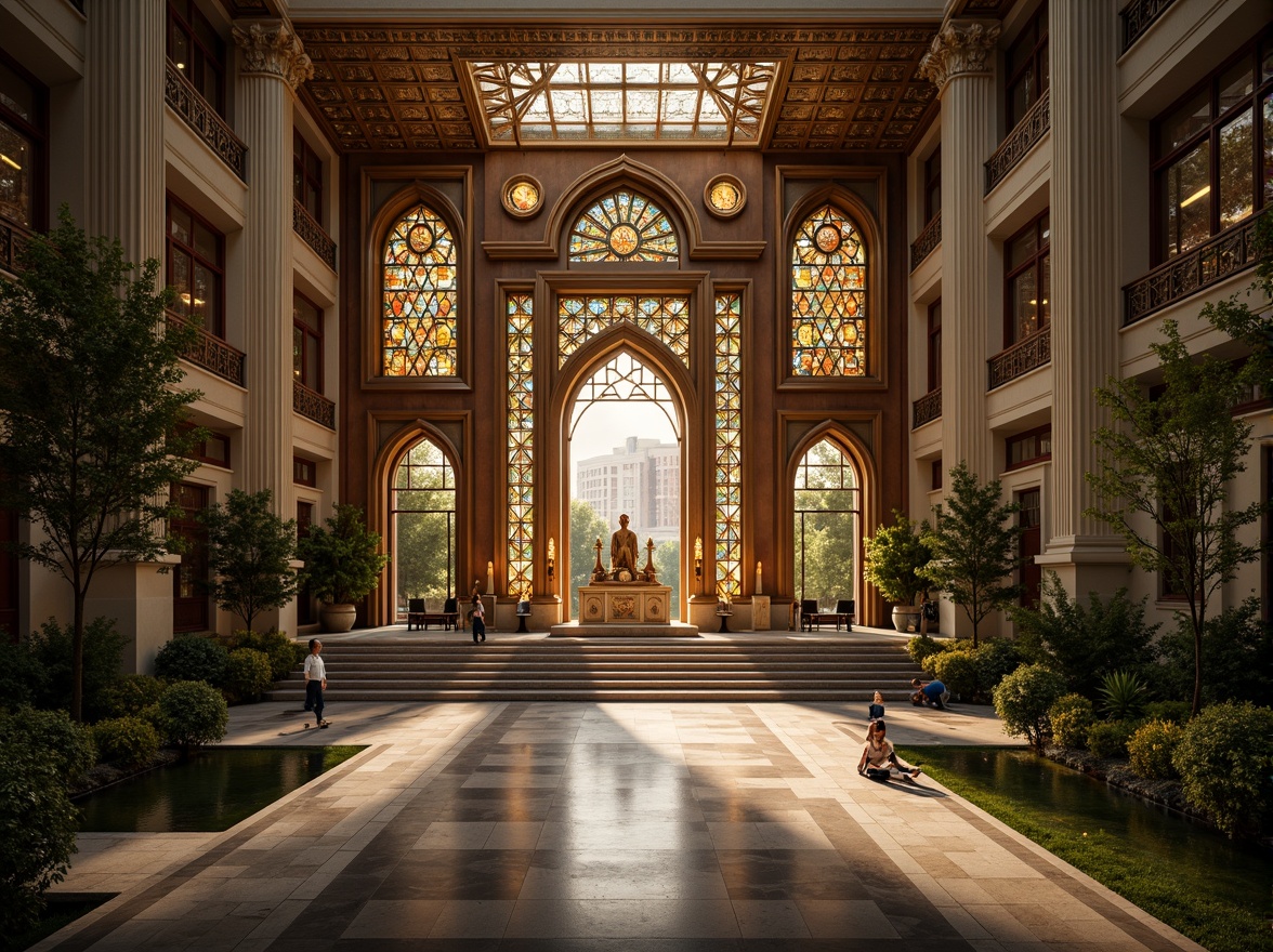 Prompt: Sacred temple, grand entrance, ornate gates, symmetrical layout, central altar, vaulted ceilings, stained glass windows, intricate mosaics, golden accents, marble floors, solemn atmosphere, soft warm lighting, shallow depth of field, 1/1 composition, panoramic view, realistic textures, ambient occlusion, spiritual ambiance, peaceful courtyard, lush greenery, water features, walking paths, meditation areas.