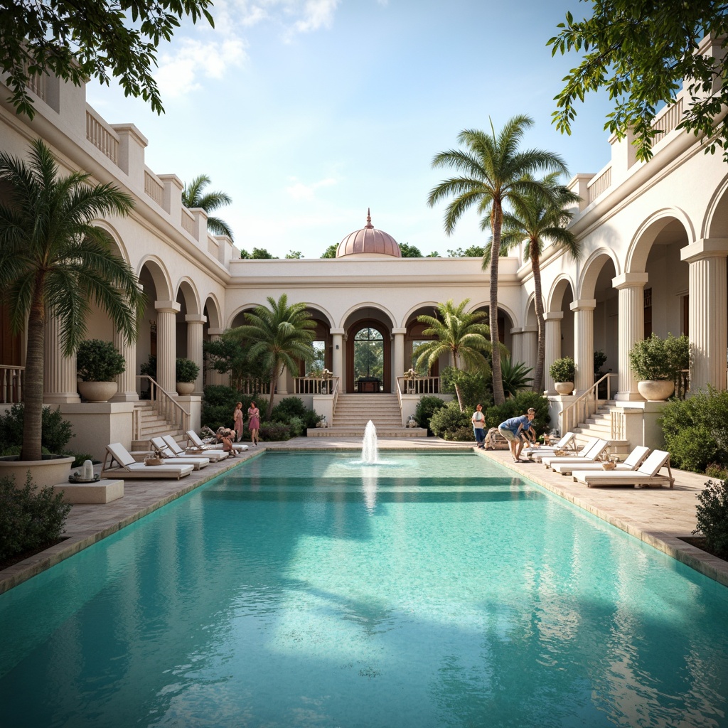 Prompt: Elegant swimming pool, symmetrical composition, neoclassical architecture, ornate fountains, grand staircases, marble flooring, classical columns, arches, domed roofs, crystal clear water, turquoise tiles, subtle lighting, warm ambiance, serene atmosphere, lush greenery, tropical plants, palm trees, sunny day, soft focus, shallow depth of field, 1/1 composition, realistic textures, ambient occlusion.