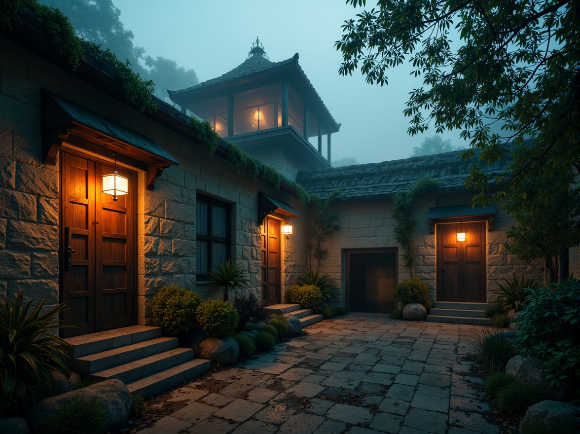 Prompt: Mysterious watchtower, ancient stone walls, worn wooden doors, mystical lanterns, foggy misty atmosphere, eerie twilight, warm golden lighting, soft mysterious shadows, intricate stonework patterns, rugged natural textures, weathered wooden accents, moss-covered roofs, overgrown vegetation, abandoned forgotten feel, cinematic dramatic mood, low-key mysterious color tone, 1/2 composition, atmospheric perspective, subtle depth of field.