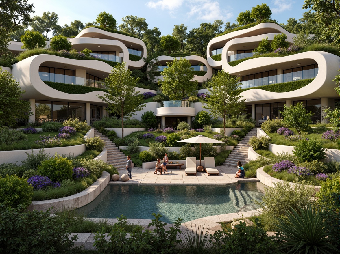 Prompt: Harmonious building integration, lush green roofs, verdant walls, natural stone facades, curved lines, organic shapes, seamless transitions, outdoor living spaces, infinity pools, water features, walking trails, native plant species, bird's eye view, 1/1 composition, soft warm lighting, shallow depth of field, realistic textures, ambient occlusion.