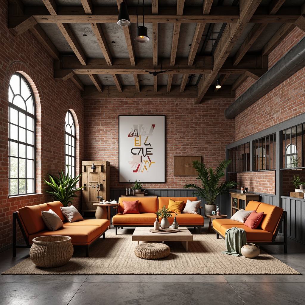 Prompt: Industrial background, exposed brick walls, raw concrete floors, metal beams, minimalist decor, functional furniture, primary color accents, geometric patterns, bold typography, natural textiles, woven baskets, handmade ceramics, distressed wood, vintage machinery, urban atmosphere, soft diffused lighting, shallow depth of field, 1/1 composition, realistic materials, ambient occlusion.