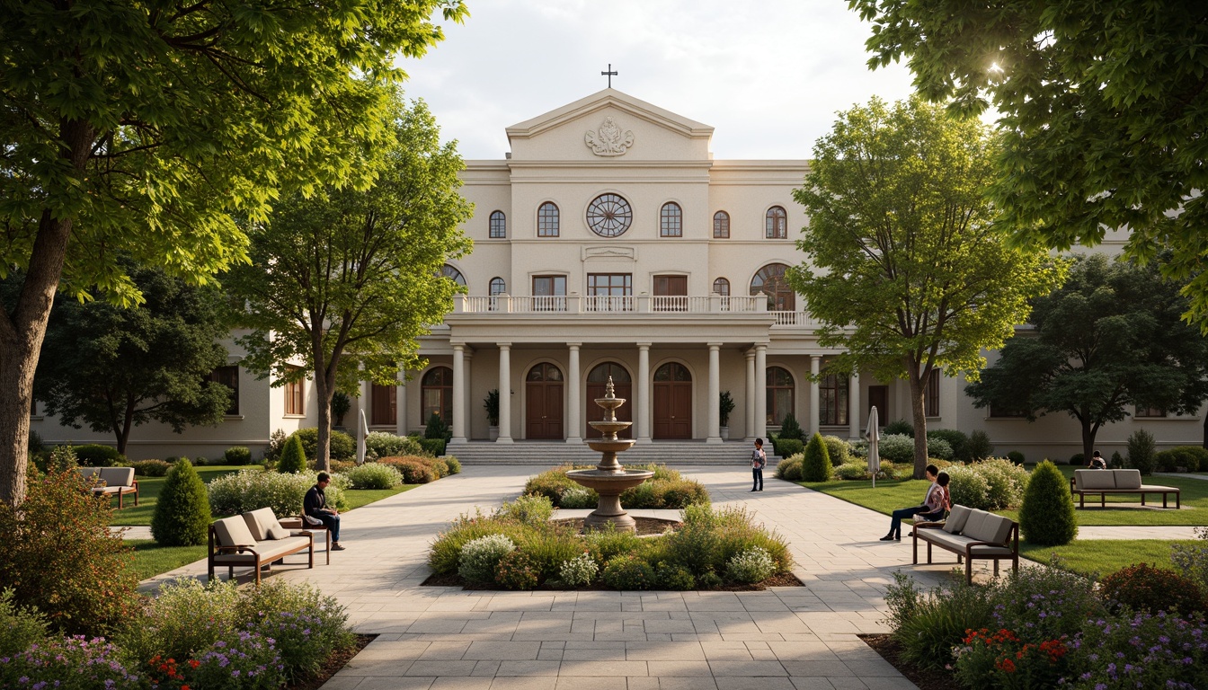 Prompt: Serene church courtyard, lush greenery, vibrant flowers, ornate fountains, walking paths, benches, classic stone statues, symmetrical gardens, manicured lawns, majestic trees, soft warm lighting, shallow depth of field, 3/4 composition, panoramic view, realistic textures, ambient occlusion, neoclassical architecture, grand entrance, imposing columns, ornate facades, stained glass windows, intricate carvings, elegant archways.