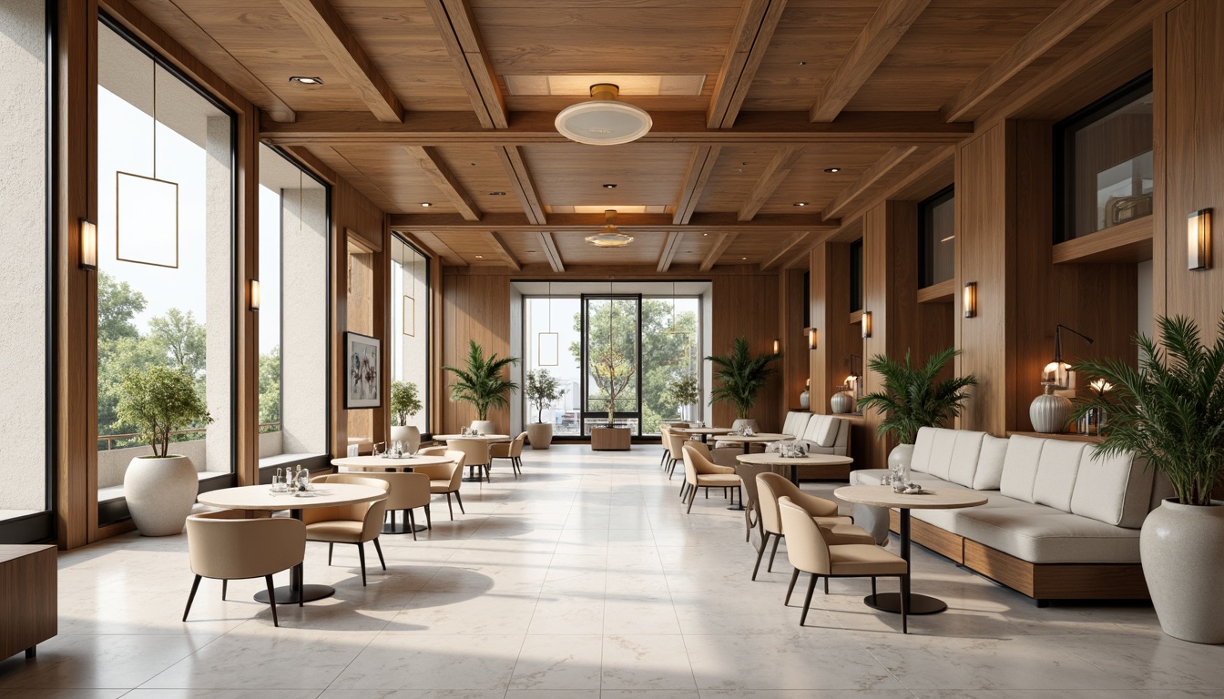 Prompt: Luxurious dining hall, rich wood tones, creamy whites, deep charcoal grays, warm beige accents, metallic gold fixtures, sleek marble floors, minimalist modern furniture, floor-to-ceiling windows, natural daylight, soft diffused lighting, 1/1 composition, shallow depth of field, realistic textures, ambient occlusion.