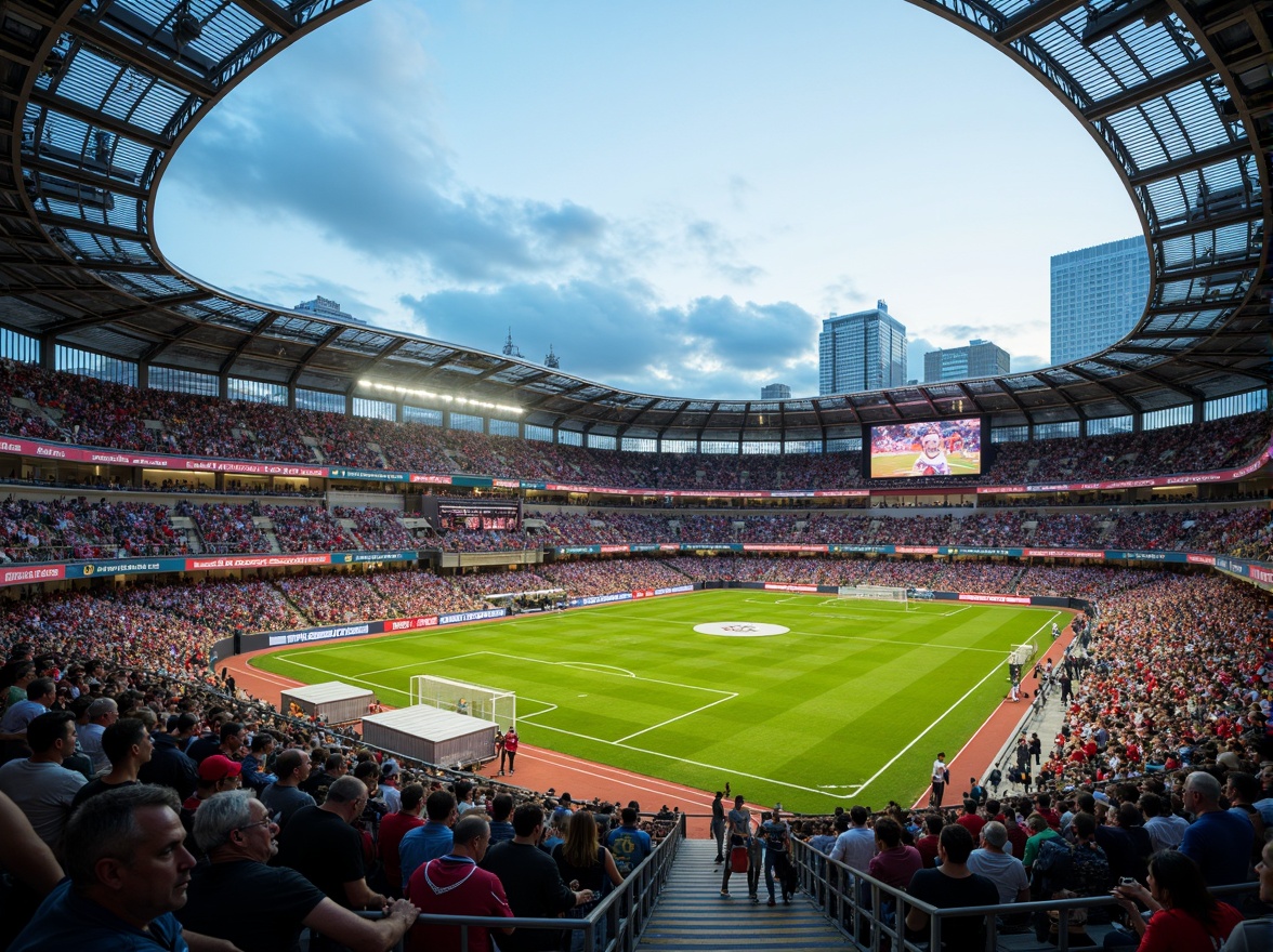 Prompt: Vibrant soccer stadium, open-air seating, lush green grass, athletic tracks, modern architecture, sleek metal beams, transparent roofs, natural ventilation systems, spacious concourses, dynamic lighting effects, evening ambiance, shallow depth of field, 3/4 composition, panoramic view, realistic textures, ambient occlusion, urban cityscape, bustling streets, vibrant street art, eclectic food vendors, lively atmosphere.