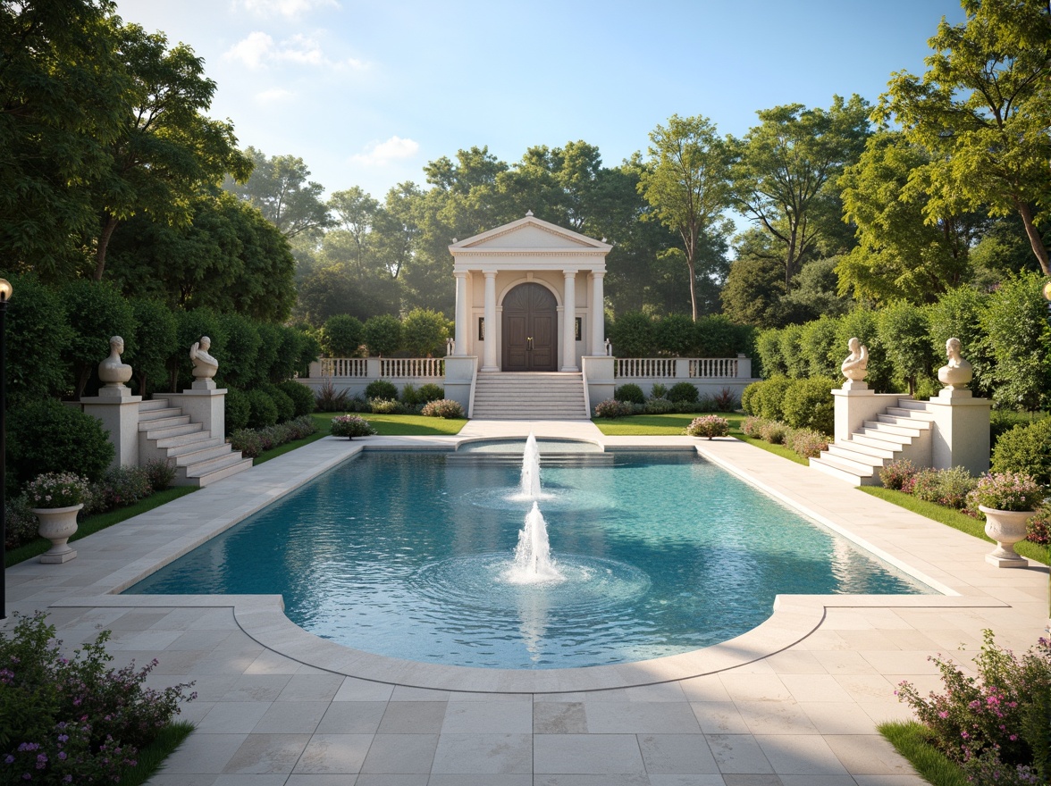 Prompt: Elegant neoclassical swimming pool, symmetrical layout, ornate fountains, grand staircases, limestone coping, travertine decking, manicured lawns, topiary trees, classical statues, urns with floral arrangements, soft warm lighting, shallow depth of field, 1/1 composition, realistic water textures, ambient occlusion, serene atmosphere, sunny day, clear blue sky, subtle misting systems.