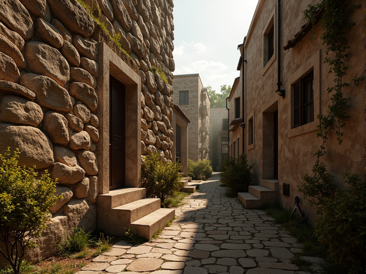 Prompt: Rustic stone walls, weathered rock formations, earthy tones, natural cracks, moss-covered surfaces, ancient ruins, mysterious ambiance, warm golden lighting, shallow depth of field, 1/1 composition, realistic textures, ambient occlusion, overgrown vegetation, abandoned structures, historic landmarks, worn stone pathways, faded frescoes, mystical atmosphere.