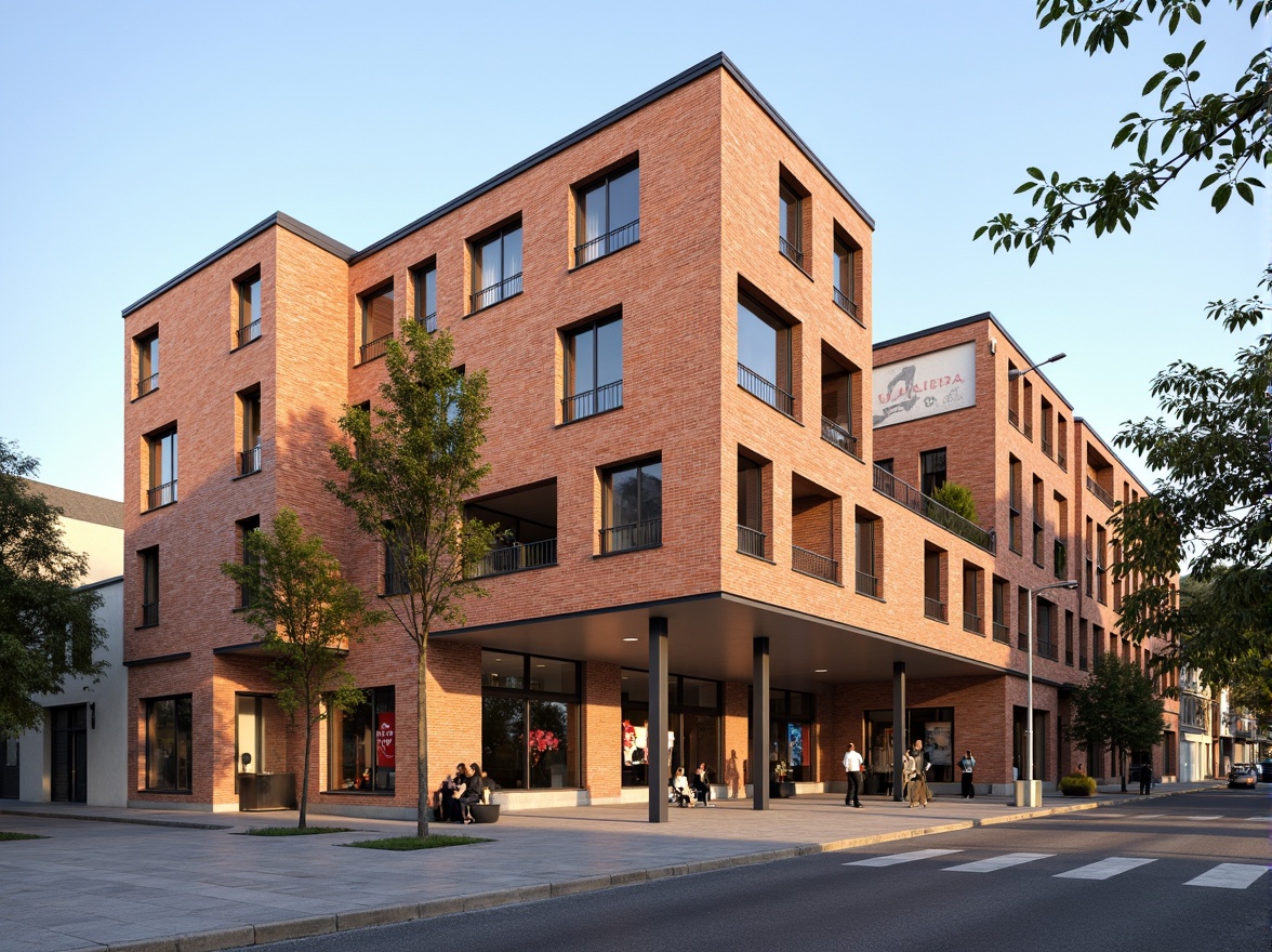 Prompt: Brick community center, structuralist facade, bold geometric patterns, angular lines, minimalist design, large windows, metal frames, cantilevered roofs, open-air courtyard, vibrant public art installations, urban landscape, bustling streets, morning sunlight, soft warm lighting, shallow depth of field, 3/4 composition, realistic textures, ambient occlusion.