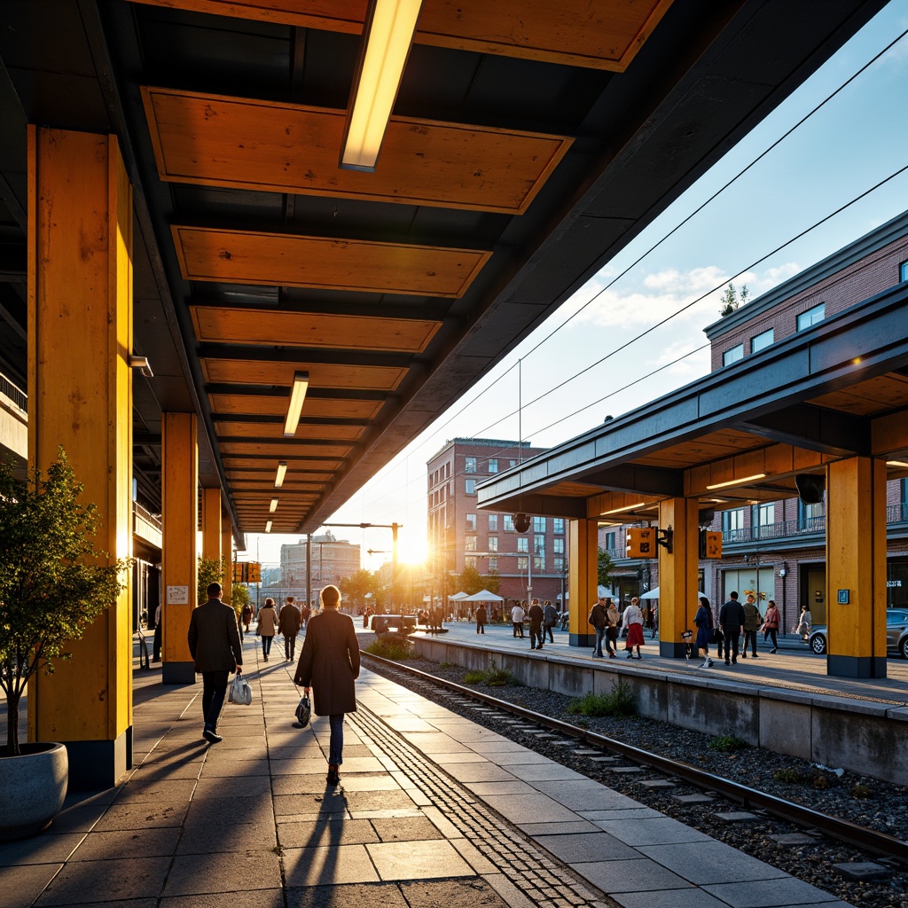 Prompt: Vibrant train station, expressionist architecture, bold geometric shapes, bright primary colors, contrasting secondary hues, industrial metal beams, exposed brick walls, distressed concrete textures, urban cityscape, bustling streets, morning rush hour, warm golden lighting, shallow depth of field, 1/2 composition, dramatic shadows, cinematic atmosphere, gritty realistic details.