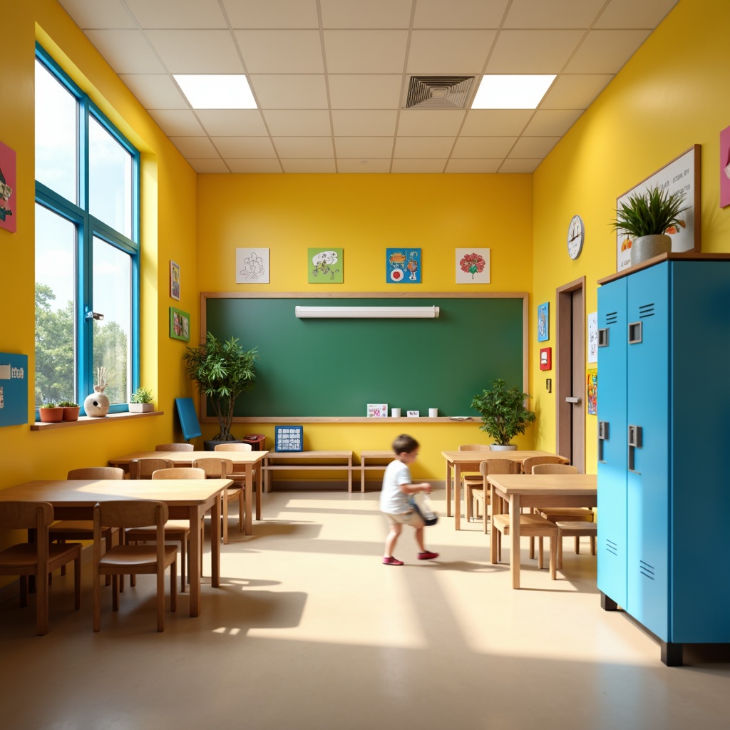 Prompt: Vibrant elementary school, playful kindergarten, bright yellow walls, sky blue accents, green chalkboard, wooden desks, colorful lockers, educational posters, natural light, open classrooms, modern furniture, ergonomic chairs, collaborative learning spaces, interactive whiteboards, stimulating color scheme, warm beige floors, soft pastel shades, calming atmosphere, shallow depth of field, 1/1 composition, realistic textures, ambient occlusion.