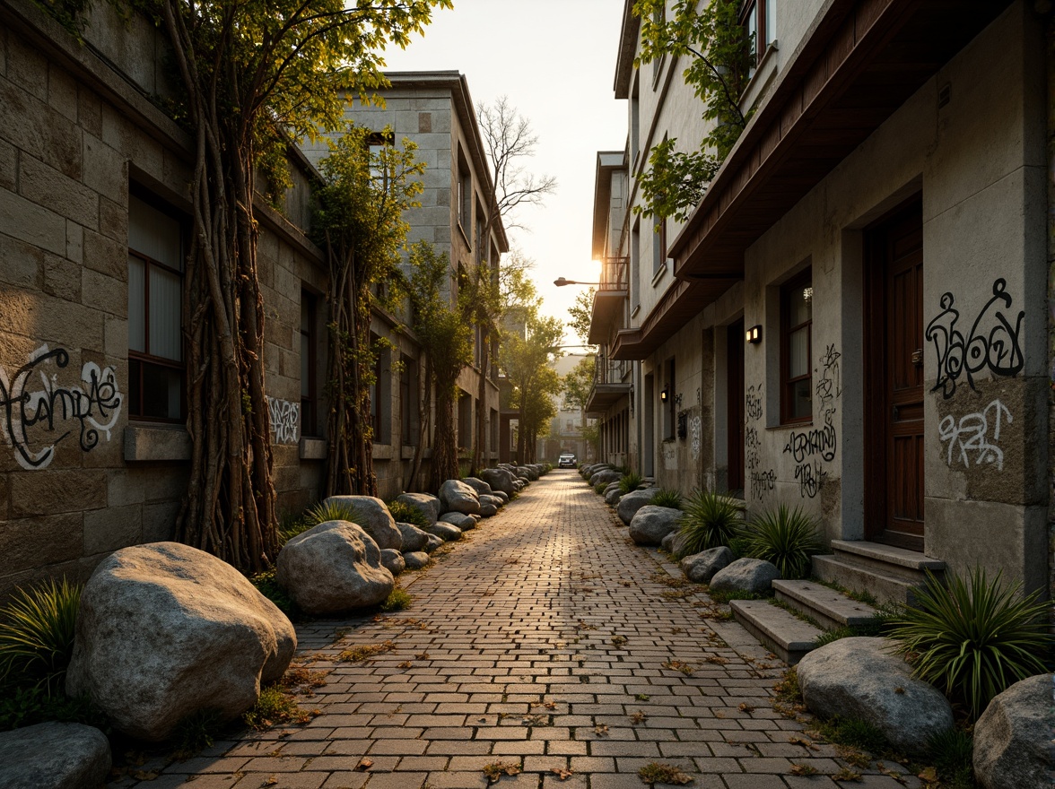 Prompt: Rugged rocky terrain, weathered stone walls, moss-covered boulders, ancient tree roots, twisted metal beams, distressed wooden planks, worn brick pathways, faded graffiti, urban cityscape, misty atmospheric perspective, warm golden lighting, high contrast ratio, shallow depth of field, 2/3 composition, cinematic camera angle, realistic normal mapping, ambient occlusion.