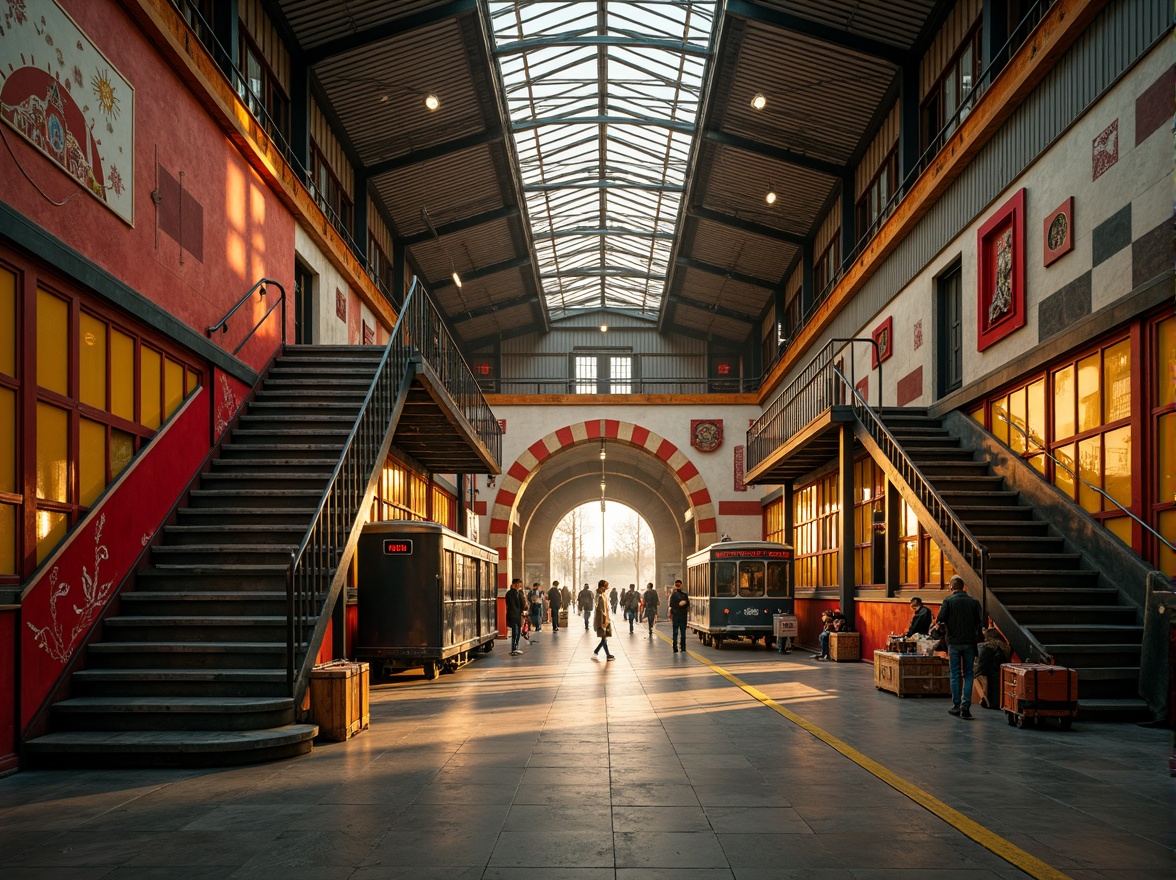 Prompt: Vibrant train station, expressionist architecture, bold geometric shapes, contrasting colors, warm golden lighting, industrial metal beams, distressed brick walls, ornate ironwork, grand staircases, intricate mosaics, eclectic art deco patterns, rich wood accents, vintage luggage carts, nostalgic steam engine details, atmospheric foggy day, dramatic shadows, cinematic low-angle shot, 1/2 composition, moody warm color grading, realistic textures, ambient occlusion.