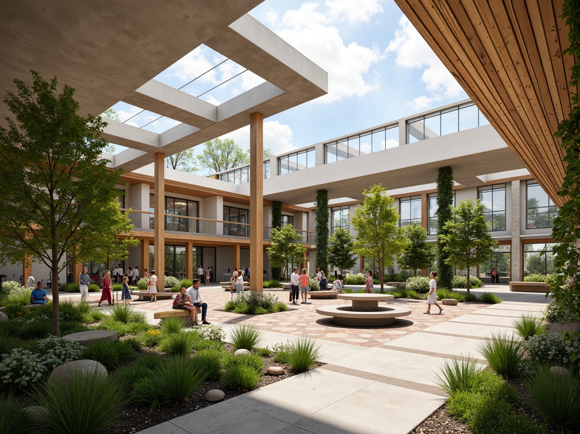 Prompt: Vibrant community center, open atrium, clerestory windows, skylights, transparent roofs, natural stone walls, wooden accents, minimalist interior design, abundant greenery, living walls, vertical gardens, warm earthy tones, soft diffused lighting, shallow depth of field, 1/1 composition, panoramic view, realistic textures, ambient occlusion.