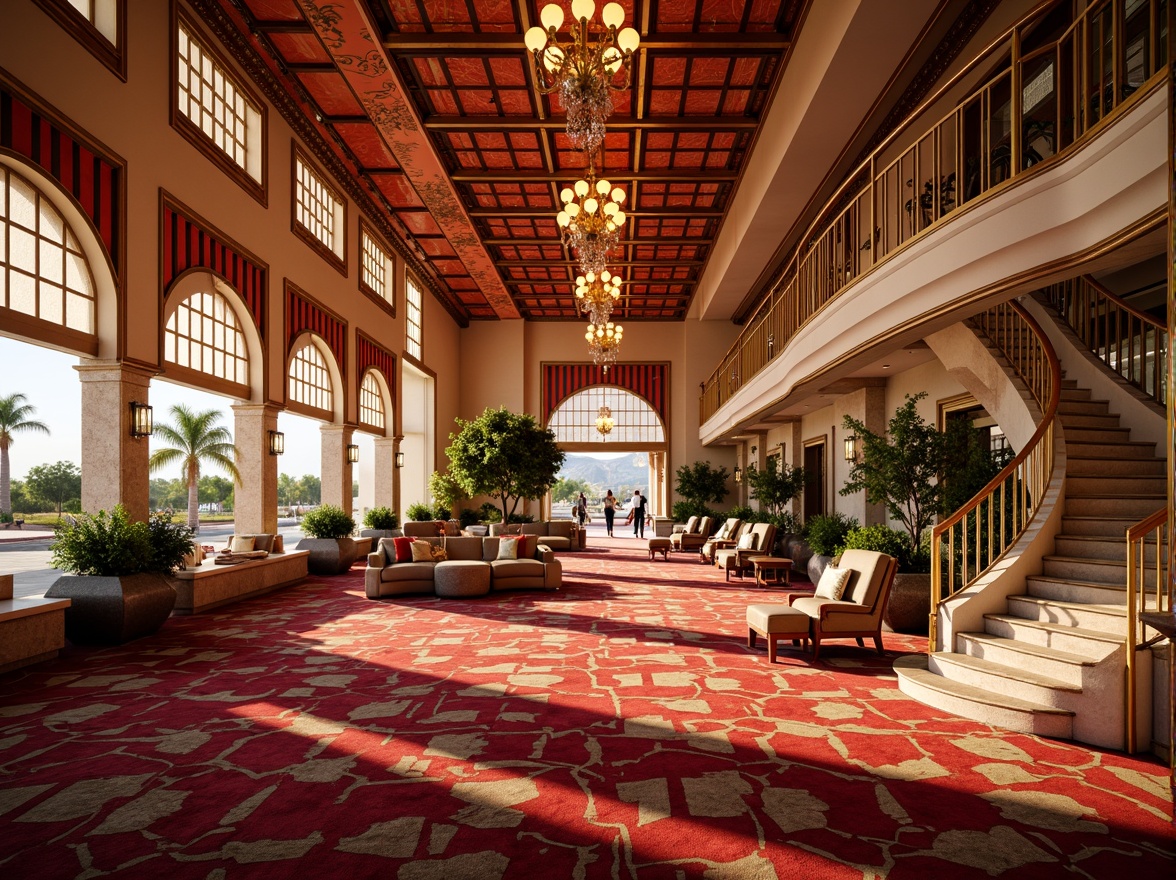 Prompt: Vibrant casino interior, luxurious textiles, bold geometric patterns, rich velvet fabrics, metallic accents, ornate chandeliers, grand staircases, lavish furnishings, opulent decorations, warm golden lighting, shallow depth of field, 1/1 composition, realistic textures, ambient occlusion, regionalist architectural style, curved lines, ornate details, Mediterranean-inspired design, sun-kissed exterior, palm trees, warm desert landscape.