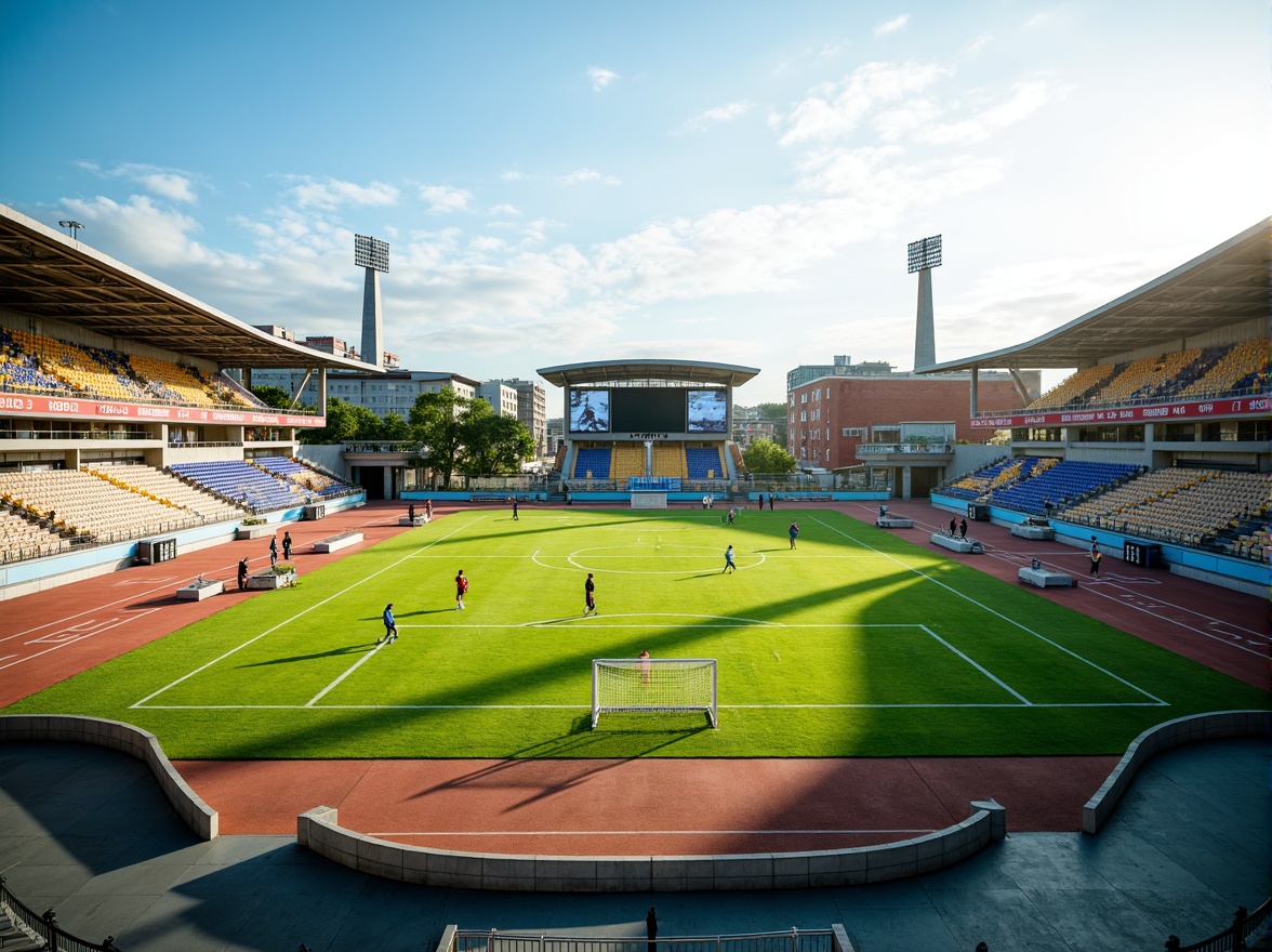 Prompt: Athletic track, lush green grass, vibrant sports equipment, goalposts, scoreboards, spectator stands, modern stadium architecture, curved lines, dynamic shapes, open spaces, natural ventilation, abundant sunlight, soft warm lighting, shallow depth of field, 3/4 composition, panoramic view, realistic textures, ambient occlusion, fluid player movement, efficient circulation paths, clear signage, intuitive wayfinding, accessible amenities, comfortable seating areas.