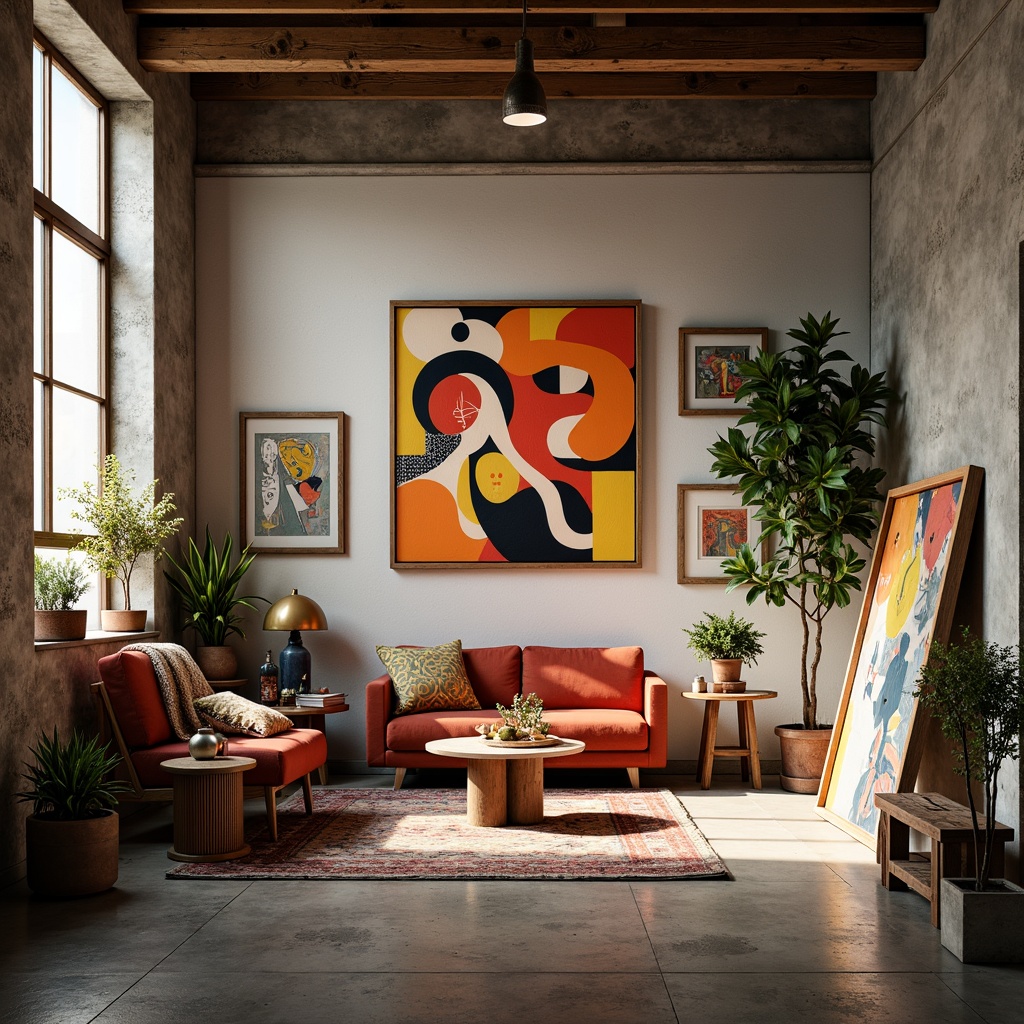 Prompt: Vibrant art studio, eclectic furniture, abstract artwork, bold color blocking, contrasting textures, rich wood accents, industrial metal frames, modern minimalist decor, natural light pouring in, soft warm glow, 3/4 composition, shallow depth of field, realistic renderings, ambient occlusion.