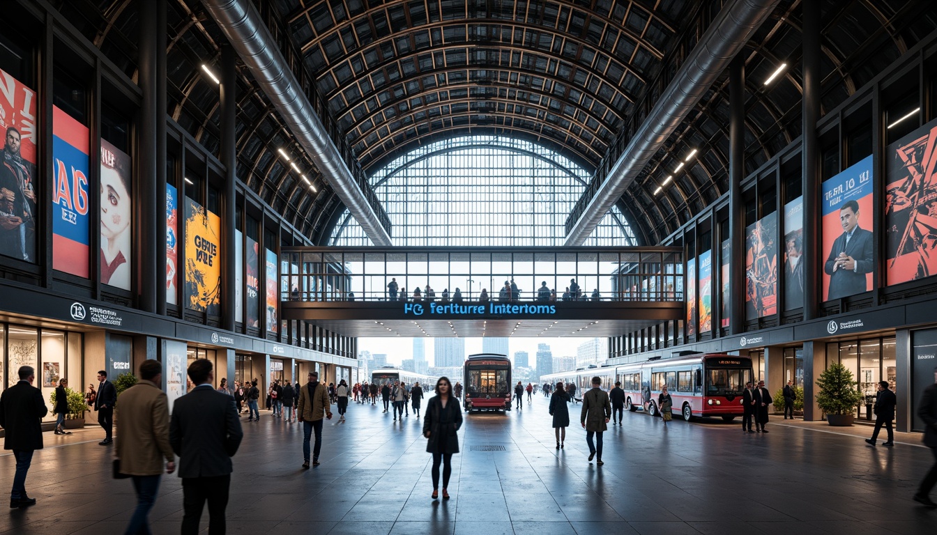 Prompt: Modern train station, steel framework, industrial aesthetic, exposed ductwork, metallic beams, sleek columns, high ceilings, grand entrance, bustling atmosphere, natural light pouring in, urban landscape, city skyline, busy streets, pedestrian traffic, vibrant advertisements, LED displays, futuristic ambiance, dynamic lighting, shallow depth of field, 1/2 composition, wide-angle lens, realistic reflections, ambient occlusion.