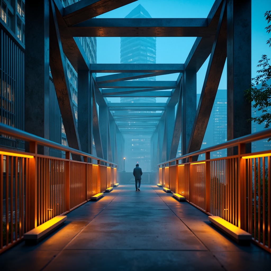 Prompt: Modern urban bridge, sleek metal structure, bold industrial colors, dark grey steel beams, bright orange accents, vibrant yellow safety rails, cool blue LED lighting, misty atmospheric effects, shallow depth of field, 1/1 composition, realistic metallic textures, ambient occlusion.