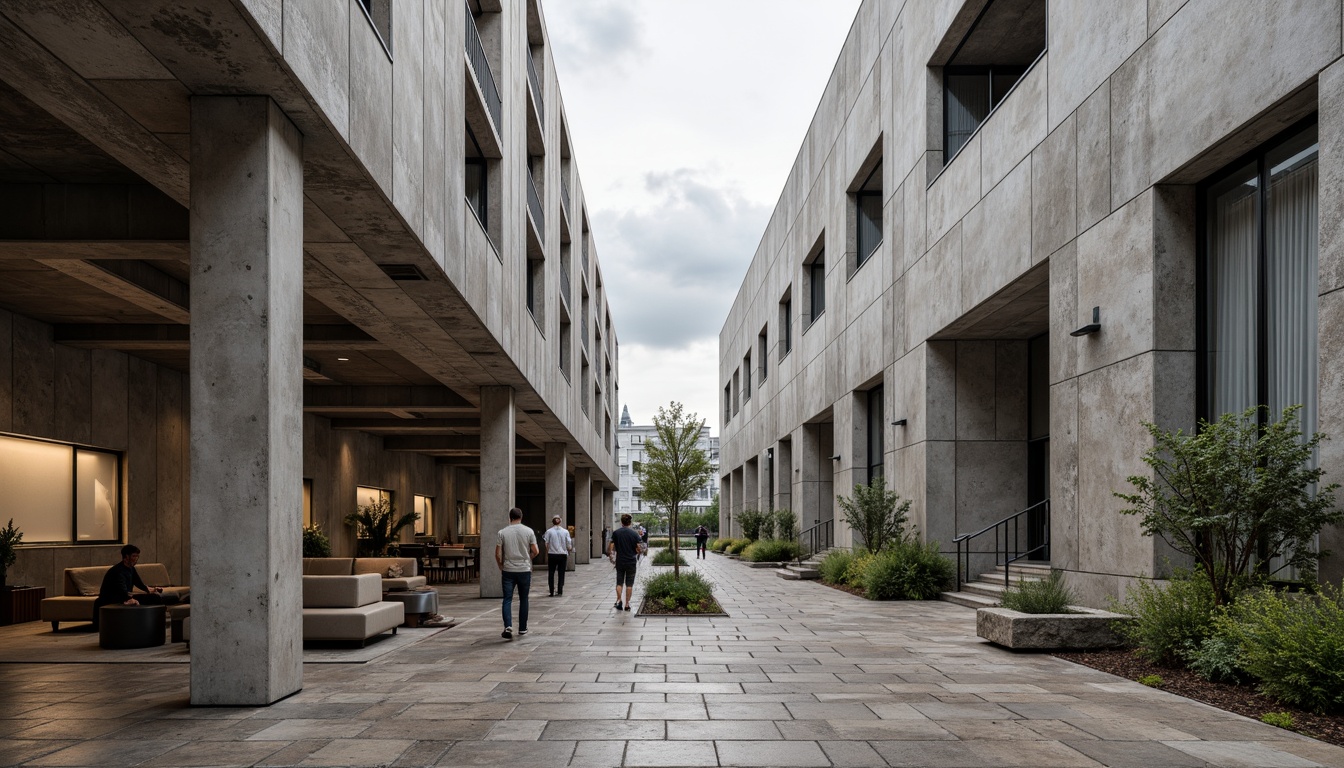 Prompt: Rustic brutalist architecture, exposed concrete walls, rough stone textures, metallic accents, industrial materials, minimalist decor, functional design, urban cityscape, overcast sky, dramatic shadows, high-contrast lighting, 1/1 composition, symmetrical framing, abstract geometric patterns, monochromatic color scheme, weathered steel beams, raw wood elements, distressed finishes, brutalist sculptures, avant-garde art installations.