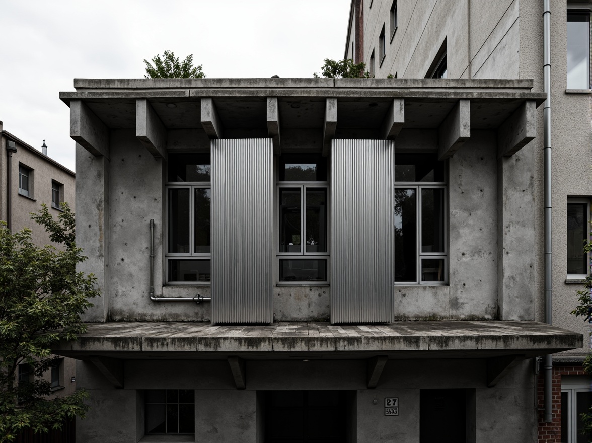 Prompt: Rugged industrial facade, exposed steel beams, raw concrete walls, corrugated metal cladding, functional pipes, minimalist windows, brutalist architecture, urban landscape, overcast sky, dramatic shadows, high-contrast lighting, 1/2 composition, symmetrical framing, gritty textures, ambient occlusion.