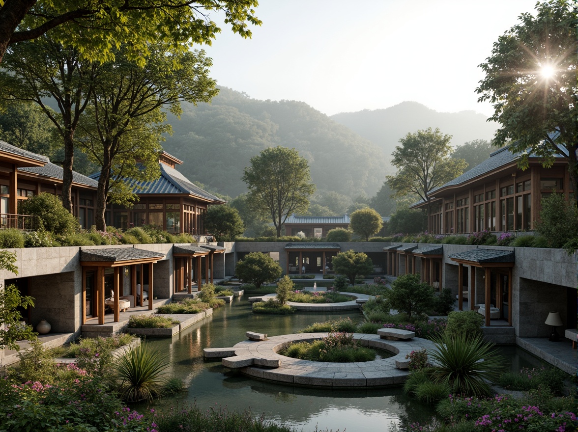 Prompt: Serenity-filled Buddhist temple, lush greenery, tranquil water features, natural stone walls, curved roofs, vibrant flowers, peaceful courtyard, intricate carvings, golden accents, soft warm lighting, shallow depth of field, 3/4 composition, panoramic view, realistic textures, ambient occlusion, misty morning atmosphere, gentle fog effects, subtle color palette, harmonious integration with surrounding landscape, rolling hills, meandering paths, rustic wooden bridges, serene forest surroundings.