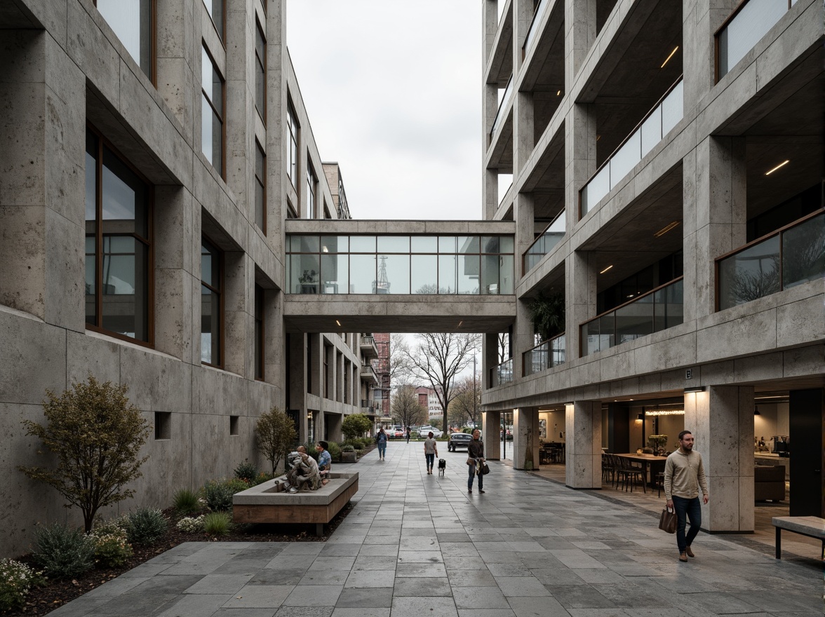 Prompt: Rustic brutalist architecture, exposed concrete walls, rough stone textures, metallic accents, industrial materials, minimalist decor, functional design, urban cityscape, overcast sky, dramatic shadows, high-contrast lighting, 1/1 composition, symmetrical framing, abstract geometric patterns, monochromatic color scheme, weathered steel beams, raw wood elements, distressed finishes, brutalist sculptures, avant-garde art installations.