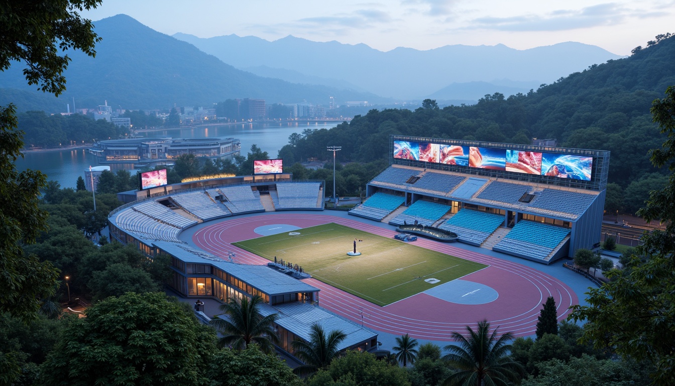 Prompt: Futuristic sports complex, undulating terrain, neon-lit athletic tracks, sleek metallic bleachers, holographic scoreboards, iridescent stadium roofs, glowing accents, vibrant LED lighting, misty atmospheric effects, shallow depth of field, 3/4 composition, panoramic view, realistic textures, ambient occlusion, lush greenery, tropical plants, palm trees, sandy pathways, winding water features, futuristic sculptures, abstract geometric patterns, dynamic kinetic architecture, wind-swept curves, aerodynamic lines.