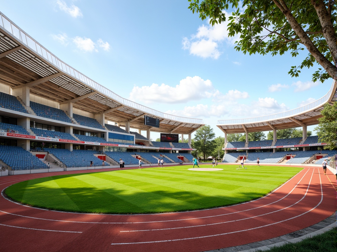 Prompt: Athletic track, lush green grass, vibrant sports equipment, goalposts, scoreboards, spectator stands, modern stadium architecture, curved lines, dynamic shapes, open spaces, natural ventilation, abundant sunlight, soft warm lighting, shallow depth of field, 3/4 composition, panoramic view, realistic textures, ambient occlusion, fluid player movement, efficient circulation paths, clear signage, intuitive wayfinding, accessible amenities, comfortable seating areas.