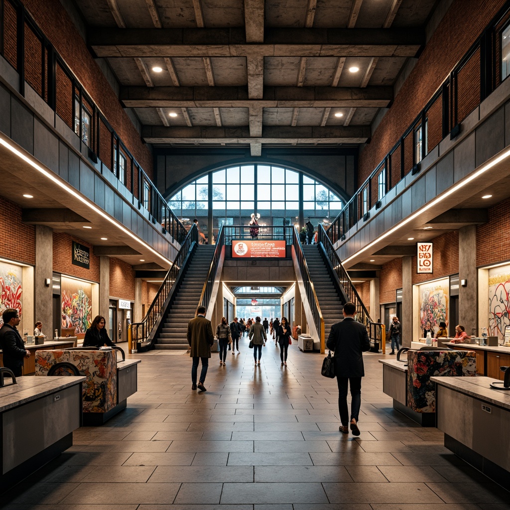 Prompt: Rustic metro station, industrial chic design, exposed brick walls, concrete floors, metallic beams, urban atmosphere, busy commuters, modern lighting fixtures, sleek signage, granite countertops, stainless steel railings, vibrant graffiti, dynamic escalators, futuristic elevators, intricate tile patterns, reflective glass ceilings, natural stone columns, bustling city sounds, warm ambient lighting, shallow depth of field, 1/1 composition, realistic textures, ambient occlusion.