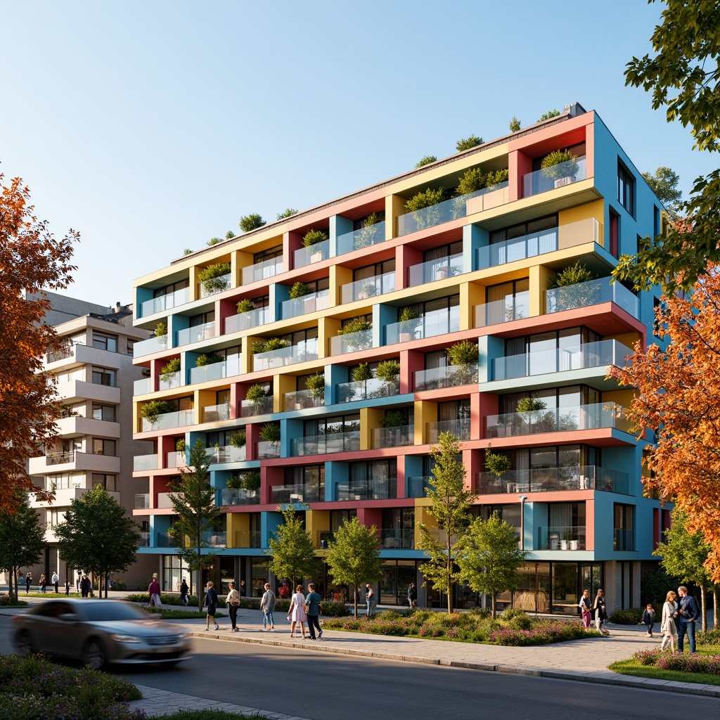 Prompt: Vibrant social housing complex, modern facade design, bold color schemes, geometric patterns, angular balconies, cantilevered roofs, sustainable materials, green walls, vertical gardens, urban landscape, bustling city life, warm sunny day, soft natural lighting, shallow depth of field, 3/4 composition, panoramic view, realistic textures, ambient occlusion.