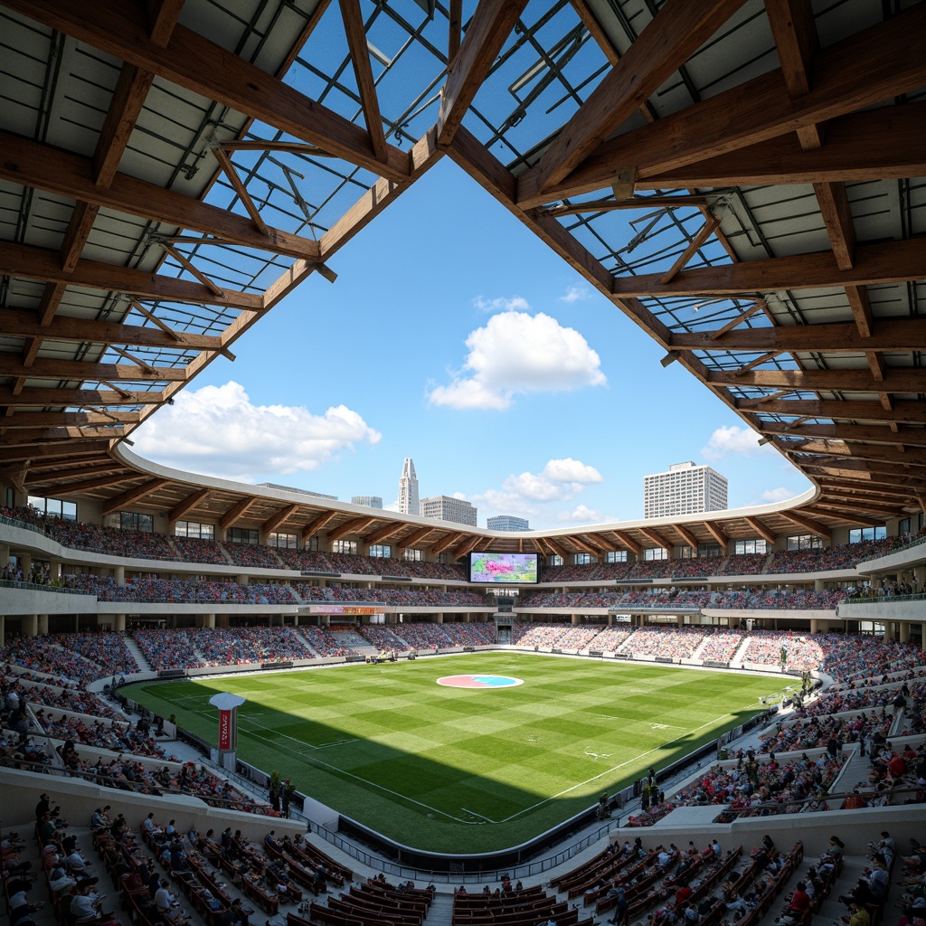 Prompt: Vibrant football stadium, social housing complex, brutalist architecture, exposed concrete structures, industrial metal beams, reclaimed wood accents, urban landscape, city skyline views, communal green spaces, public art installations, dynamic LED lighting, angular geometric forms, cantilevered balconies, corrugated metal cladding, raw concrete textures, atmospheric misting systems, 1/1 composition, dramatic low-angle shots, cinematic lighting effects.