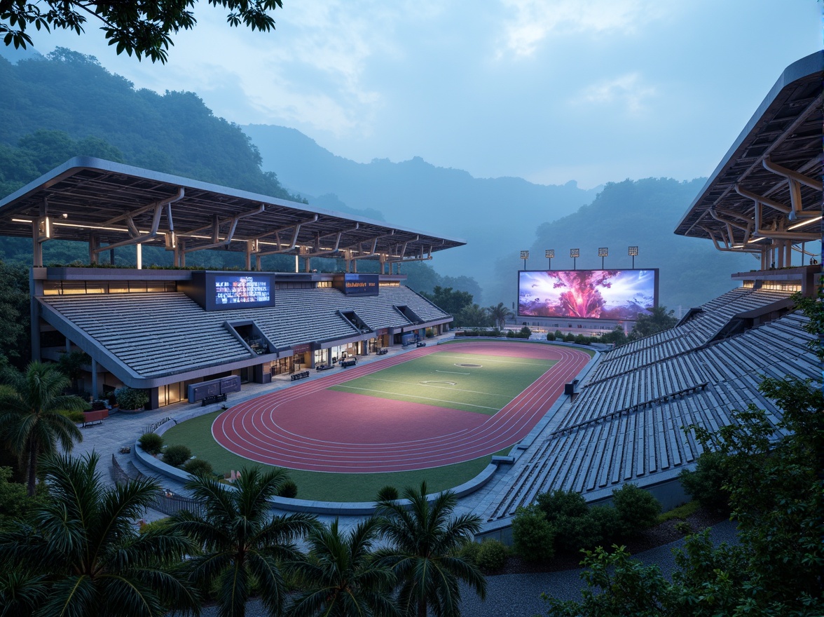 Prompt: Futuristic sports complex, undulating terrain, neon-lit athletic tracks, sleek metallic bleachers, holographic scoreboards, iridescent stadium roofs, glowing accents, vibrant LED lighting, misty atmospheric effects, shallow depth of field, 3/4 composition, panoramic view, realistic textures, ambient occlusion, lush greenery, tropical plants, palm trees, sandy pathways, winding water features, futuristic sculptures, abstract geometric patterns, dynamic kinetic architecture, wind-swept curves, aerodynamic lines.