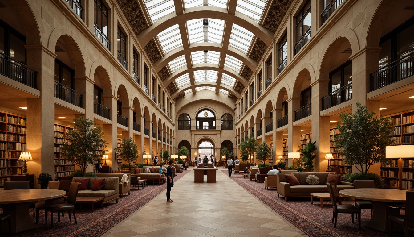 Prompt: Grandiose library, Renaissance Revival style, ornate stone fa\u00e7ade, arched windows, stained glass ceilings, high vaulted roofs, natural light pouring in, warm beige walls, rich wood accents, elegant reading rooms, comfortable seating areas, floor lamps, table lamps, soft warm lighting, shallow depth of field, 3/4 composition, panoramic view, realistic textures, ambient occlusion.