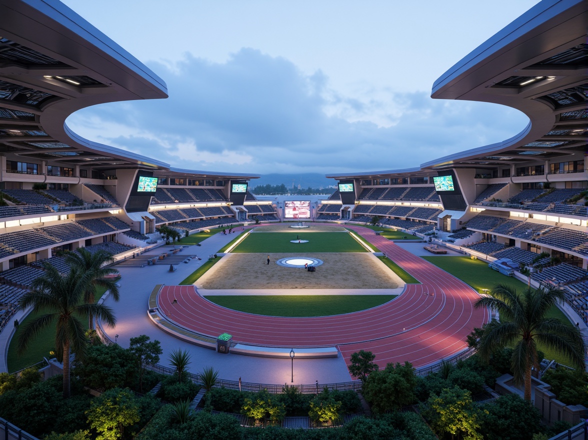 Prompt: Futuristic sports complex, undulating terrain, neon-lit athletic tracks, sleek metallic bleachers, holographic scoreboards, iridescent stadium roofs, glowing accents, vibrant LED lighting, misty atmospheric effects, shallow depth of field, 3/4 composition, panoramic view, realistic textures, ambient occlusion, lush greenery, tropical plants, palm trees, sandy pathways, winding water features, futuristic sculptures, abstract geometric patterns, dynamic kinetic architecture, wind-swept curves, aerodynamic lines.