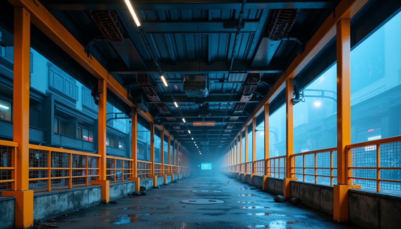 Prompt: Modern urban bridge, sleek metal structure, bold industrial colors, dark grey steel beams, bright orange accents, vibrant yellow safety rails, cool blue LED lighting, misty atmospheric effects, shallow depth of field, 1/1 composition, realistic metallic textures, ambient occlusion.