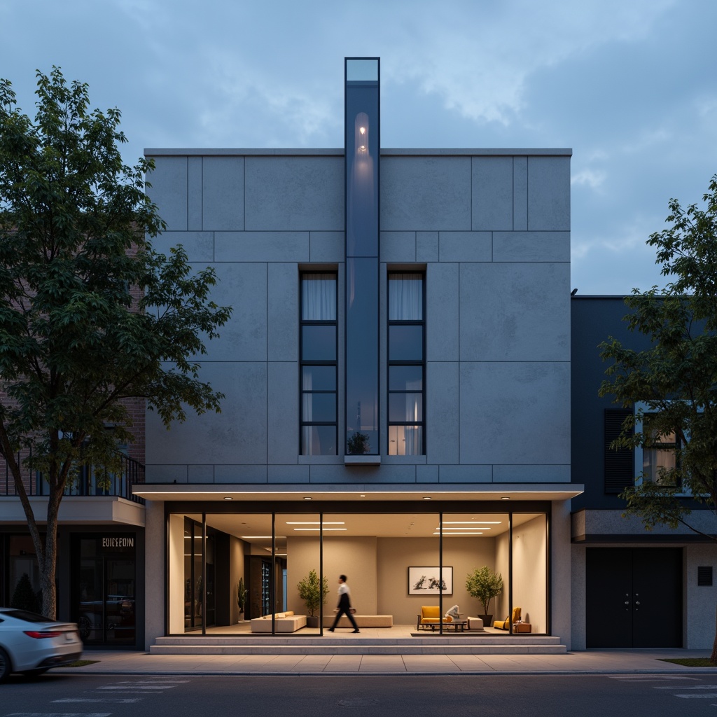 Prompt: Simple theater facade, minimalist architecture, clean lines, monochromatic color scheme, rectangular shapes, flat roofs, large glass windows, sliding doors, industrial materials, exposed concrete walls, subtle lighting, dramatic shadows, urban cityscape, evening atmosphere, soft box lights, 1/1 composition, realistic textures, ambient occlusion.