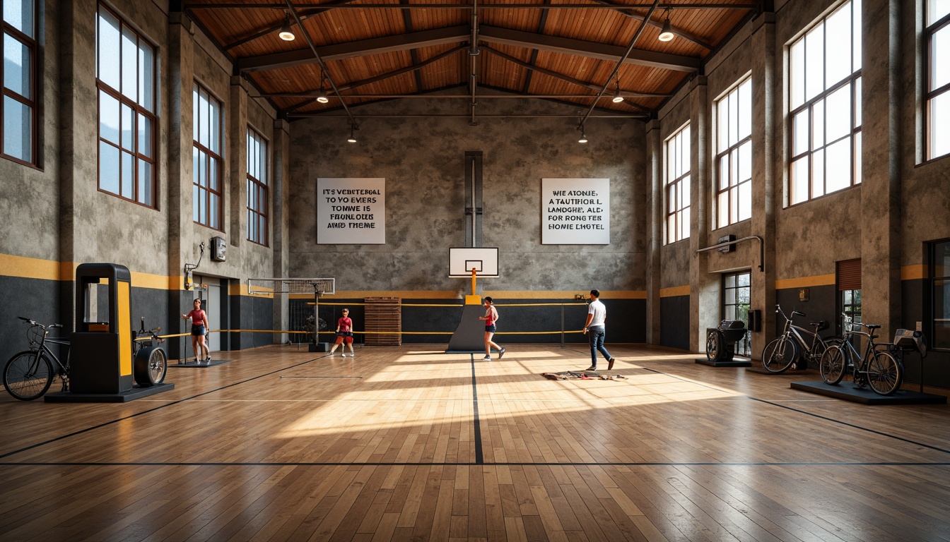 Prompt: Rustic gymnasium interior, textured concrete walls, wooden flooring, metallic accents, athletic equipment, basketball hoops, volleyball nets, exercise machines, motivational quotes, natural stone columns, industrial-style lighting, high ceilings, open spaces, dynamic shadows, warm color tones, realistic reflections, 1/1 composition, shallow depth of field, softbox lighting.