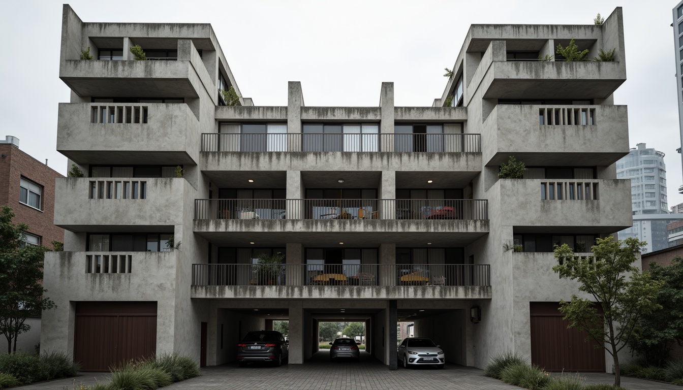 Prompt: Rugged student halls, brutalist architecture, raw concrete fa\u00e7ade, fortress-like structure, angular lines, geometric shapes, industrial materials, metal beams, exposed ductwork, minimalist design, functional simplicity, urban landscape, cityscape background, overcast sky, dramatic shadows, high-contrast lighting, 1/1 composition, symmetrical framing, realistic textures, ambient occlusion.