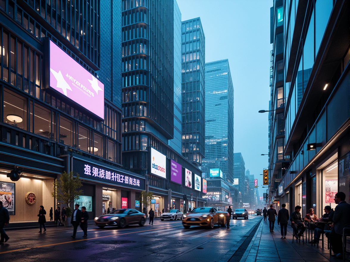 Prompt: Neon-lit skyscrapers, metallic silver accents, iridescent glass facades, holographic advertisements, cyberpunk cityscape, vibrant electric blue hues, neon green highlights, deep purple tones, rose gold details, sleek chrome lines, geometric patterns, futuristic urban landscape, high-tech infrastructure, levitating transportation pods, atmospheric mist, soft glowing ambiance, shallow depth of field, 1/1 composition, cinematic lighting, realistic reflections.